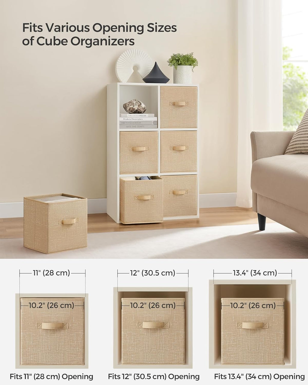 SONGMICS Storage Cubes - 11-Inch Non-Woven Fabric Bins with Double Handles - Set of 6, Sand Beige Closet Organizers