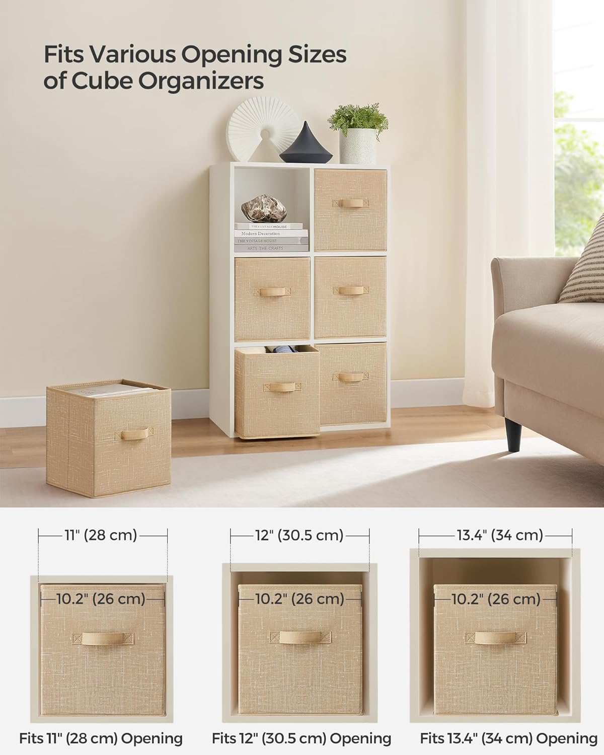 SONGMICS Storage Cubes - 11-Inch Non-Woven Fabric Bins with Double Handles - Set of 6, Sand Beige Closet Organizers