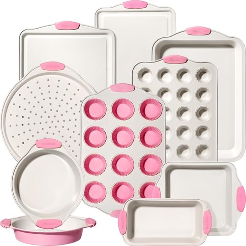 Kikcoin Nonstick Baking Pans Set - 22 PCS Stackable Bakeware with Silicone Handles | Oven Safe to 450°F, Pink