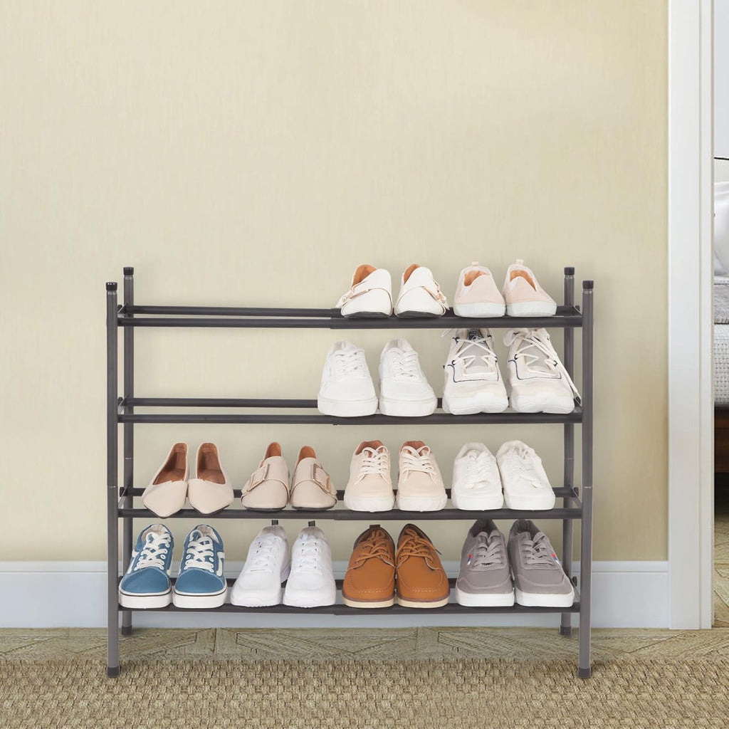 STORAGE MANIAC Expandable Shoe Rack - 16 Pairs Stackable Organizer for Closet & Entryway - Black 4 Tier