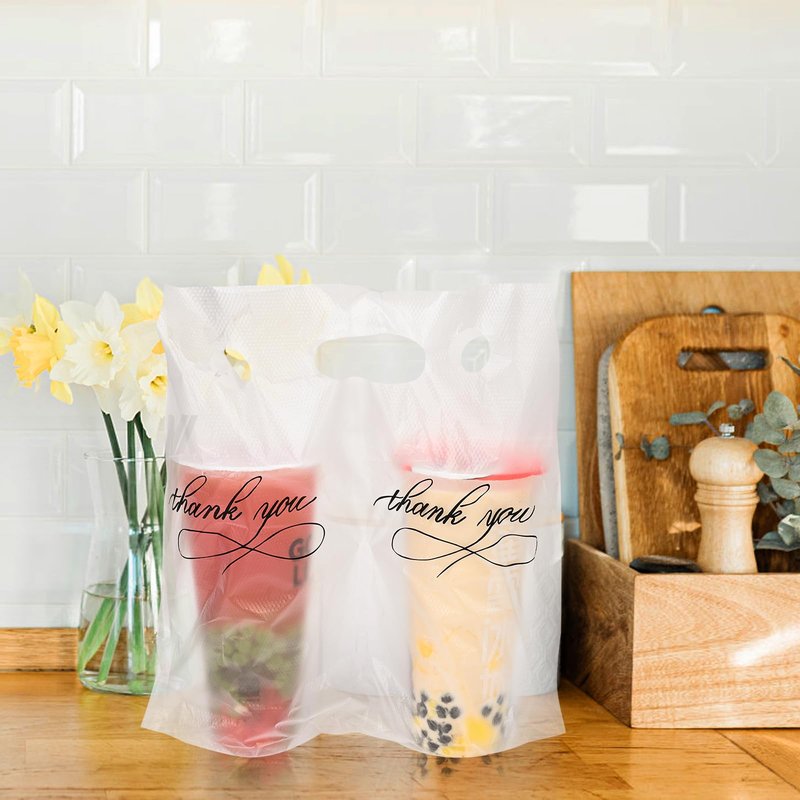 MJOGGOTT 500 Pack Clear Plastic Drinking Bags, Cup Carrier with Handle, Thank You Disposable Cup Holder for Drinks Beverage, Coffee, Juice, Stores, Bar Restaurant Take Out, Hold 1 and 2 Cups