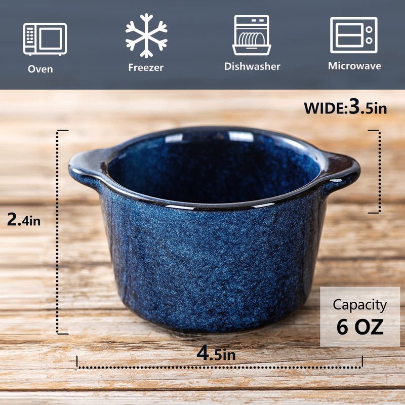 Creme Brulee Ramekins Ceramic Bowls - VICRAYS Mini Custard Cups 6 oz oven Safe Bowls Souffle Dishes for Baking Individual Casserole Dipping Sauce, Set of 6, Blue
