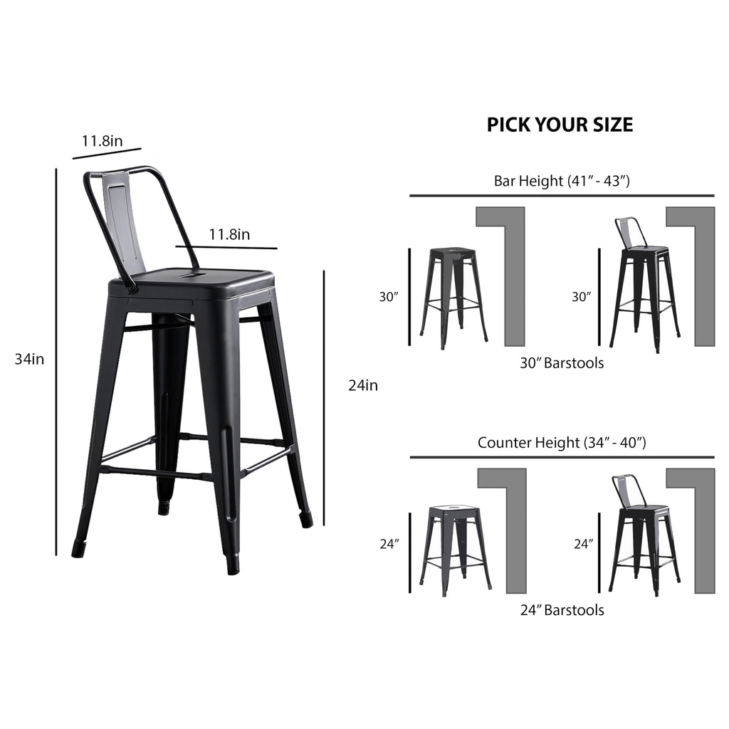 AC Pacific 24” Metal Barstool Set of 2 – Country Rustic Style with Low Back, Lightweight & Sturdy Build, Easy Assembly – Matte Black