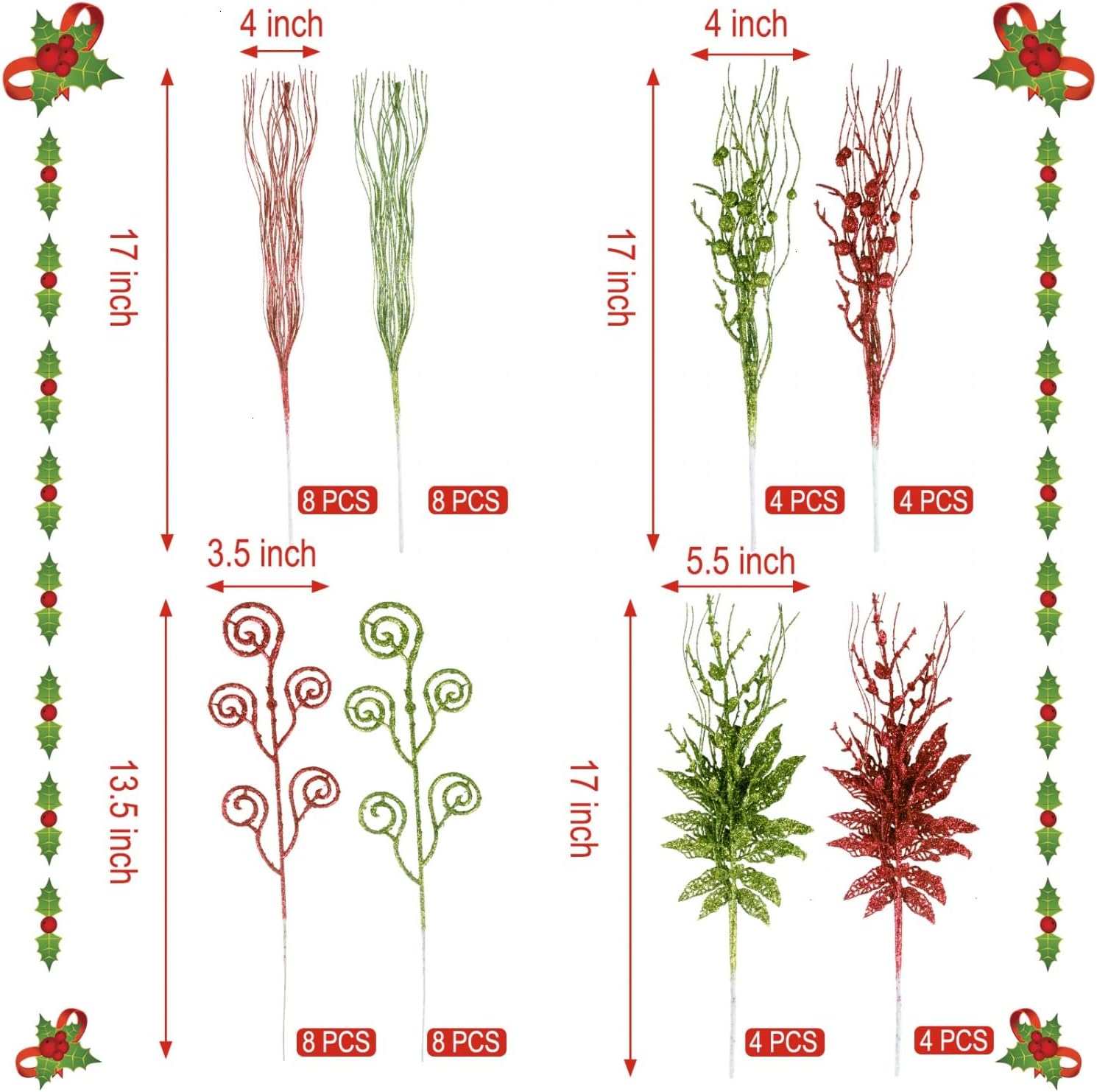Skiennix 48-Pack Glitter Christmas Tree Picks - 17'' Red & Green Artificial Decorations for DIY Holiday Crafts