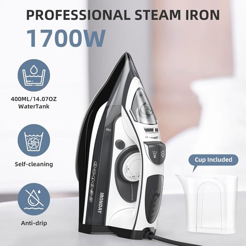 IRONDAY 1700W Steam Iron - Fast Heat-Up in 20 Seconds, Non-Stick Ceramic Soleplate, 14.07oz Water Tank | Auto-Off & Self-Cleaning