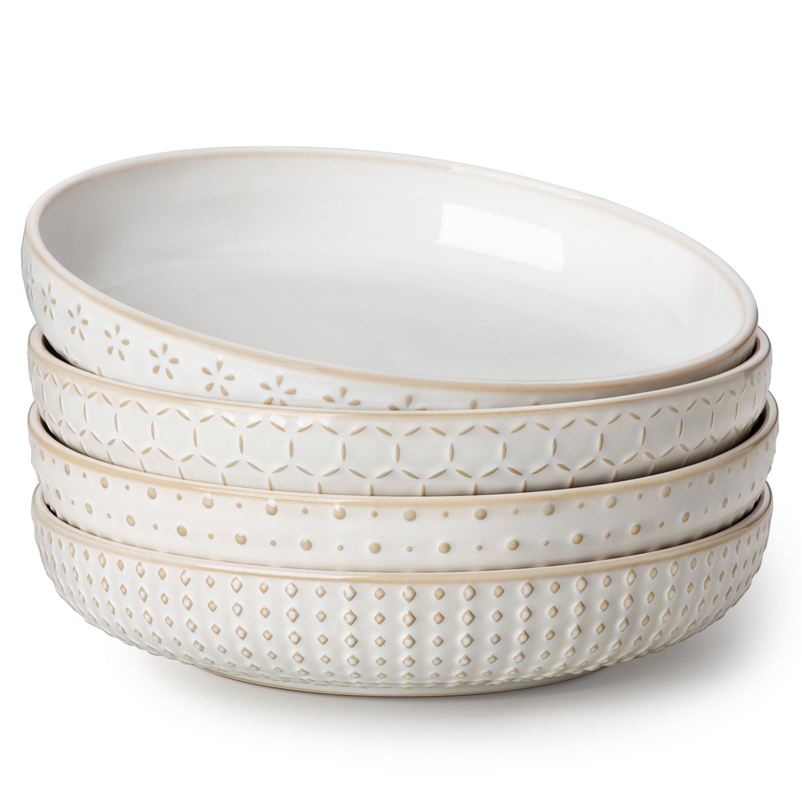 MALACASA Pasta Bowls 48 Oz, 9.5 Inch Large Salad Bowls, Modern Relief Design Ceramic Serving Bowls, Wide and Shallow Plates Pasta Plates, Microwave & Dishwasher Safe, Set of 4, Series LYDIA