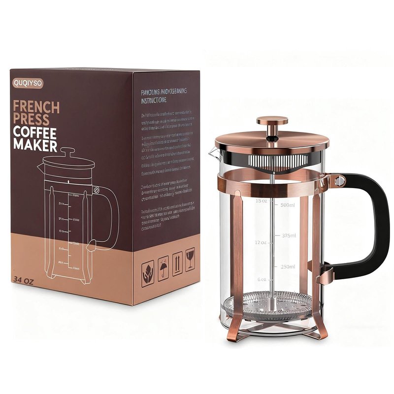QUQIYSO French Press Coffee Maker 34oz 304 Stainless Steel with 4 Filter, Heat Resistant Durable, Easy to Clean, Borosilicate Glass Press, 100% BPA Free Teapot (Copper)