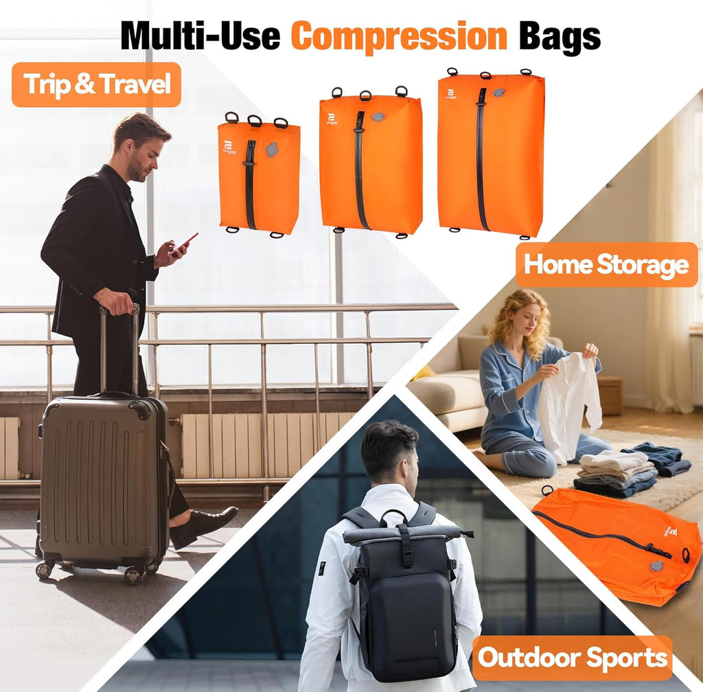 Skiennix Vacuum Compression Bags - 3-Pack Reusable Travel Storage | Waterproof & Space-Saving, Orange