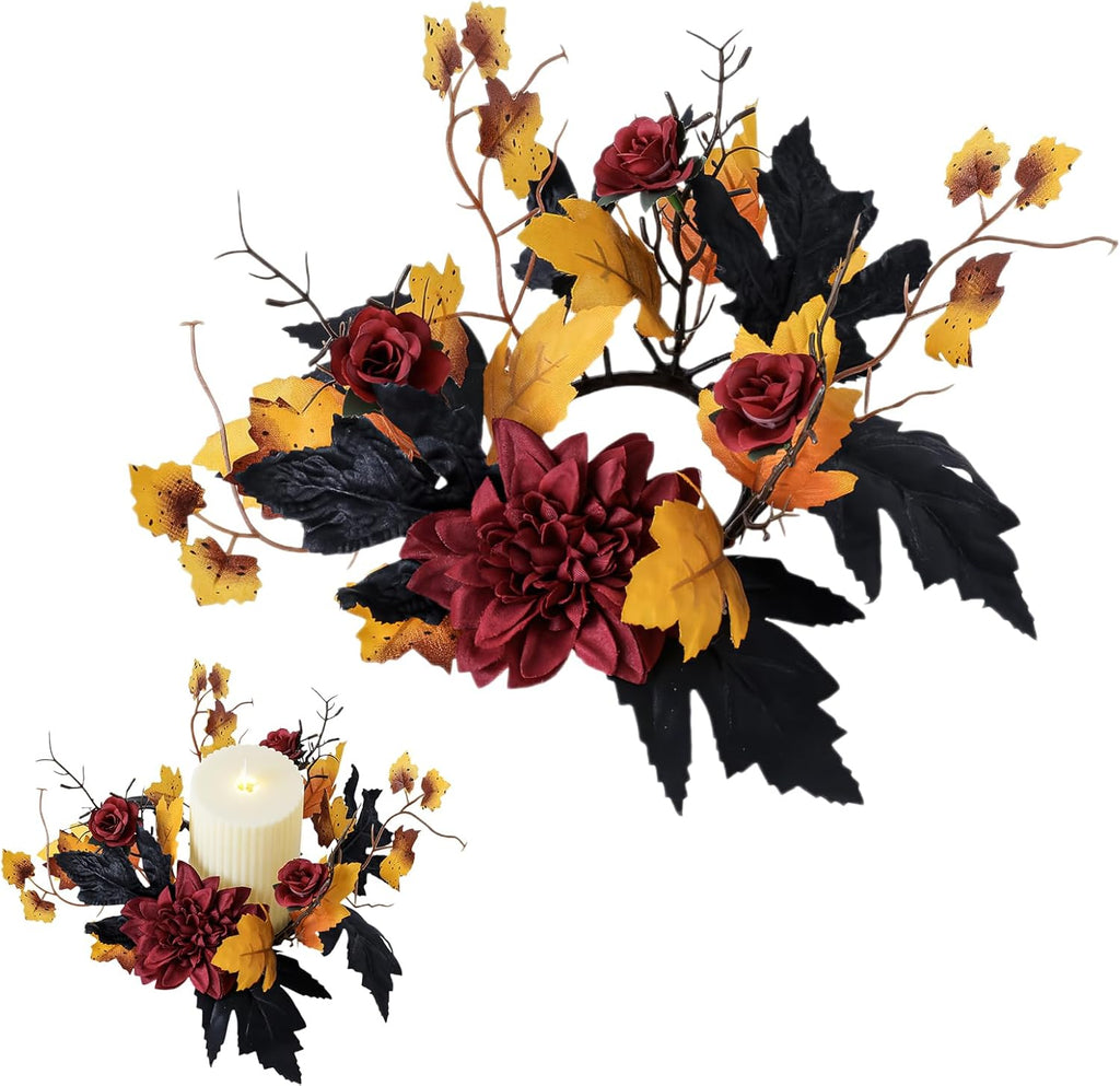 Regine Switzerland Halloween Candle Rings - Red Floral Wreath with Artificial Maple Leaves | Perfect for Home Decor