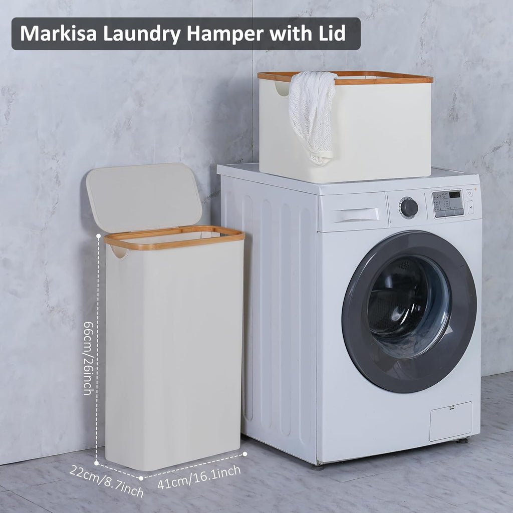 Skiennix Slim Laundry Hamper - 60L Narrow Design with Lid & Bamboo Handle - Beige for Clothes & Toys
