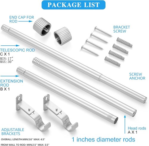 Elegant Curtain Rods by [Brand Name] - 1-Inch Diameter Drapery Rod with Cylindrical Finials | Adjustable 16" to 48" (Silver)
