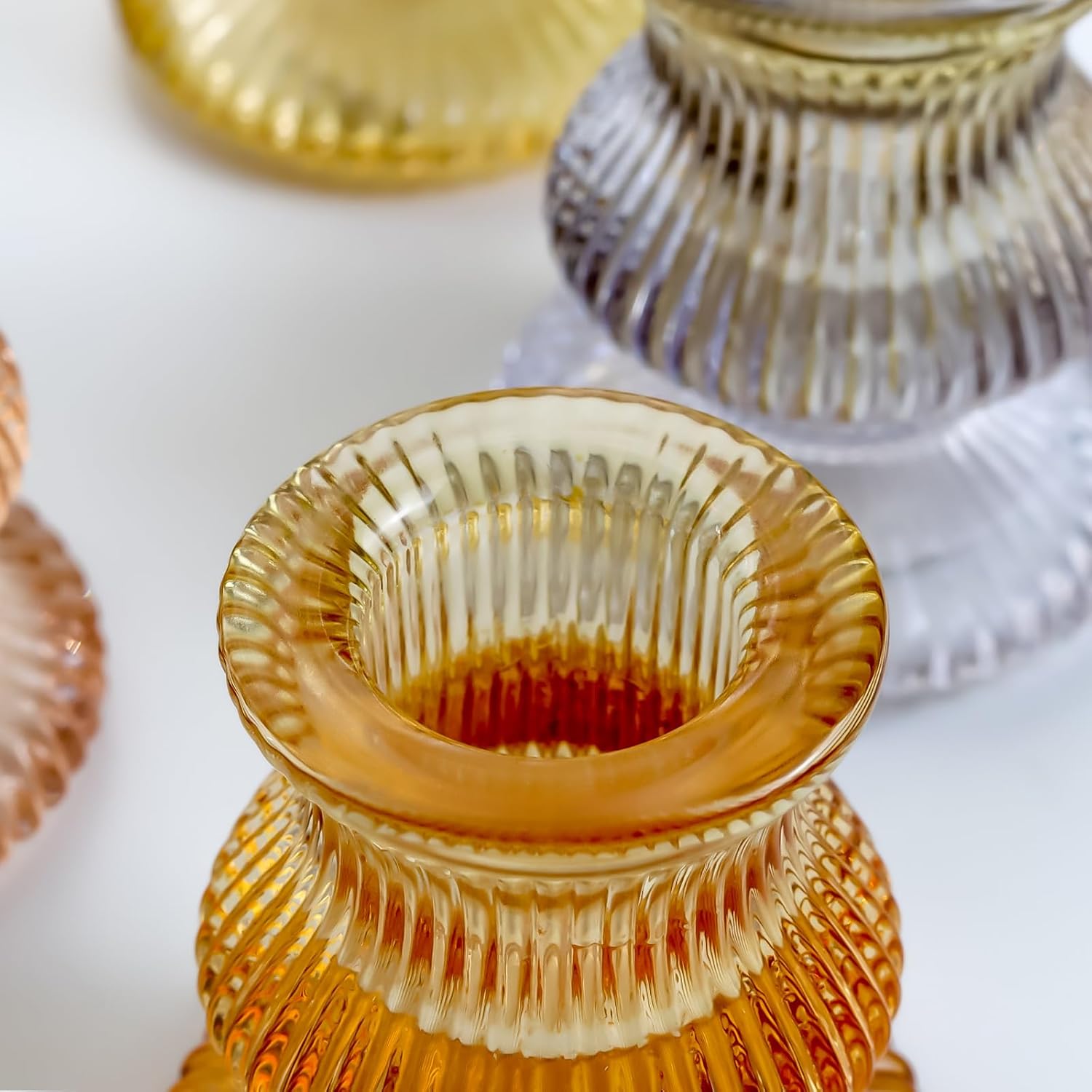 WDHODEC Orange Candlestick Holders - 12PCS Glass Taper Holders for Colorful Table Centerpieces
