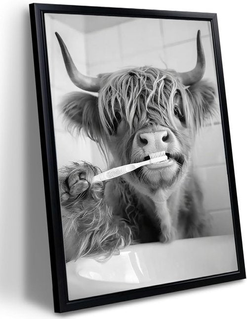 Highland Cow | Framed Funny Bathroom Wall Art - Black and White Modern Farmhouse Decor | 12x16in