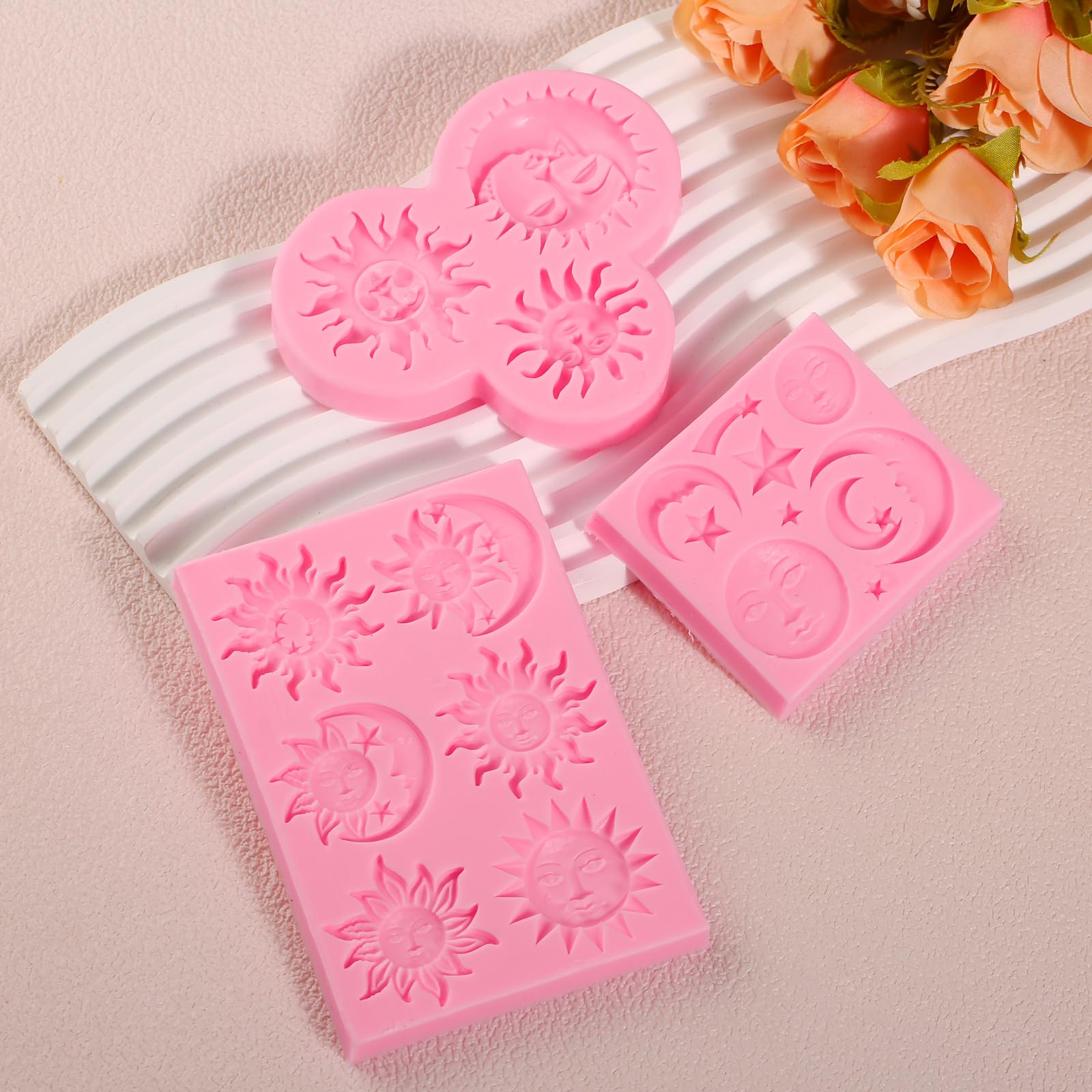 ICNYEKl Sun and Moon Face Cake Decoration Fondant Mold 3 Pcs, Greek Mythology Various Chocolate Silicone Molds, for Candy, Biscuits, Mousse, Kitchen Baking, Cupcake Toppers, Modeling Clay, Plaster