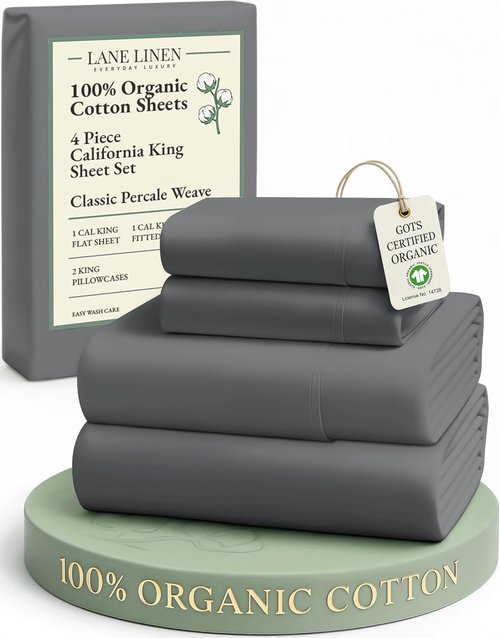 LANE LINEN 100% Organic Cotton California King Sheets Set - Fully Elasticized & Machine Washable | Charcoal