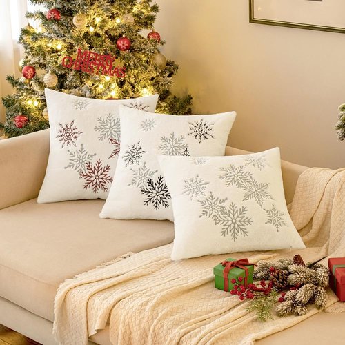 MIULEE Pack of 2 Christmas Decorative Throw Pillow Covers Soft Faux Fur Pillow Cases with Embroidery Snowflake Winter Cute Pillowcases Holiday Decor for Couch Sofa Bedroom, 18×18 Inch, Grey