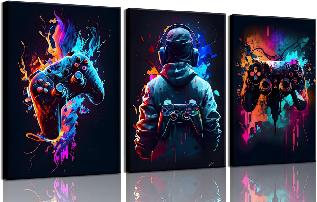 Skiennix Cool Gaming Wall Art - Retro Video Game Watercolor Posters | Colorful Neon Gamepad Canvas Prints for Kids' Rooms