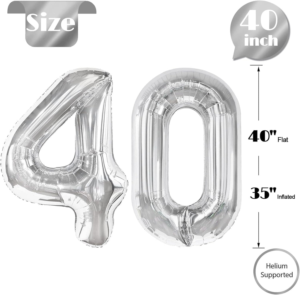 Silver Number 40 Balloon - 40-Inch Metallic Birthday Decoration for 40th Celebration