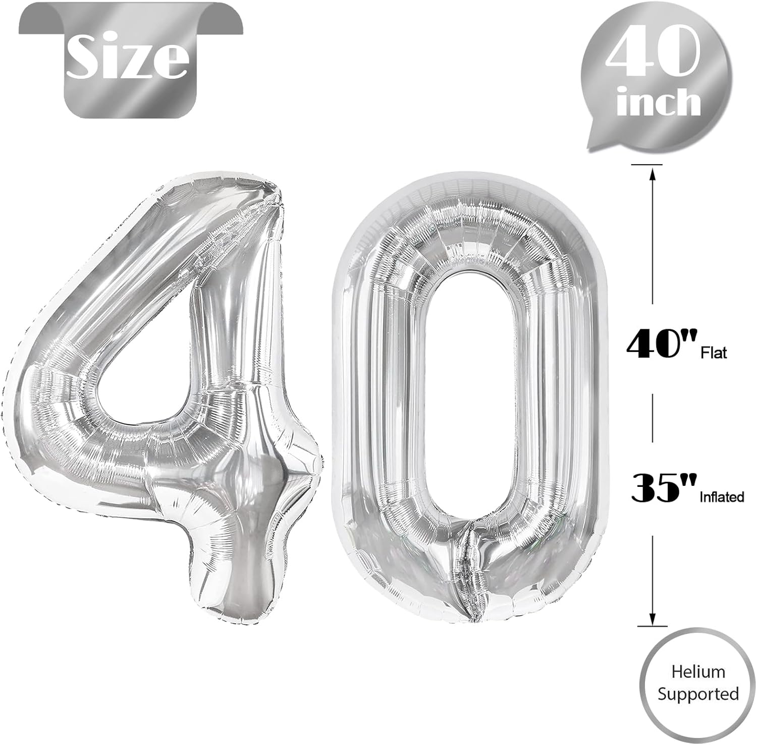 Silver Number 40 Balloon - 40-Inch Metallic Birthday Decoration for 40th Celebration