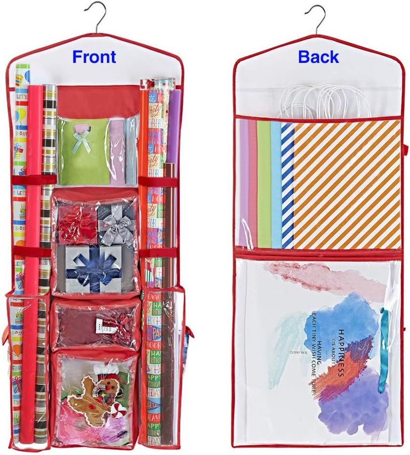 Primode Gift Wrap Organizer - Double-Sided Wrapping Paper Storage with Pockets for Accessories | 40”x17” Clear PVC Bag (Red)