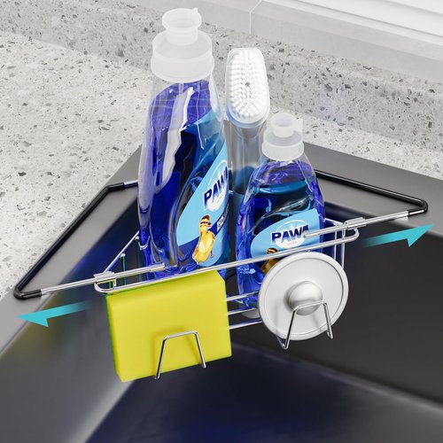 NiHome Extendable Arm Stainless Steel Kitchen Sink Corner Caddy, Easy Install Space-Saving Adjustable Sponge Holder, Non-Slip Rust-Resistant for Brushes, Soap, Sponges (Silver)