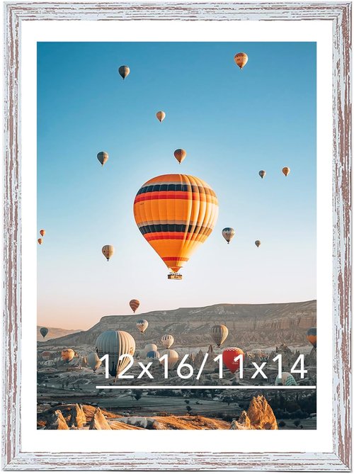 JCJMY Rustic White Picture Frame - 12x16 with 11x14 Mat | Wall Hanging Display for Photos