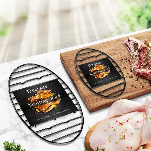 DIMESHY Roasting Rack, Black with Integrated Feet, Enamel Finished, Nonstick, fit for 15 inches oval roasting pan, safety, dishwasher, Great for Basting, Cooking, Drying, Cooling rack. (12.5”x 8.5”)