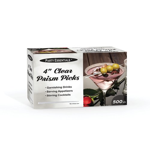 Party Essentials Stylish Skewers Appetizer Martini Cocktail Keeps Ingredients Pinned Together, 4" Prism Picks, Clear, 500-Count