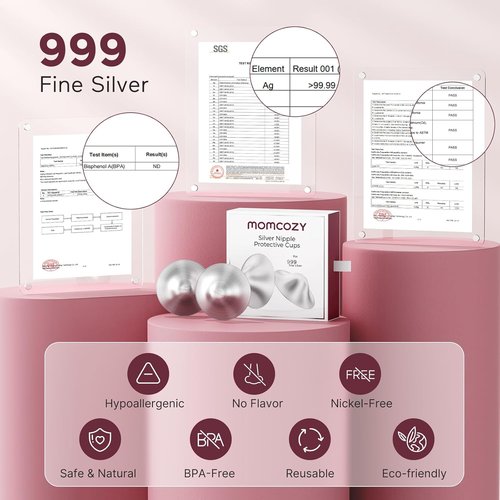 Momcozy 999 Silver Nipple Shields - Hole-Free Design for Breastfeeding Newborns | Regular Size