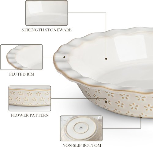 MALACASA Pie Pan - 9 Inch Stoneware Deep Dish for Baking | Embossed Fluted Quiche Dish, 45 OZ