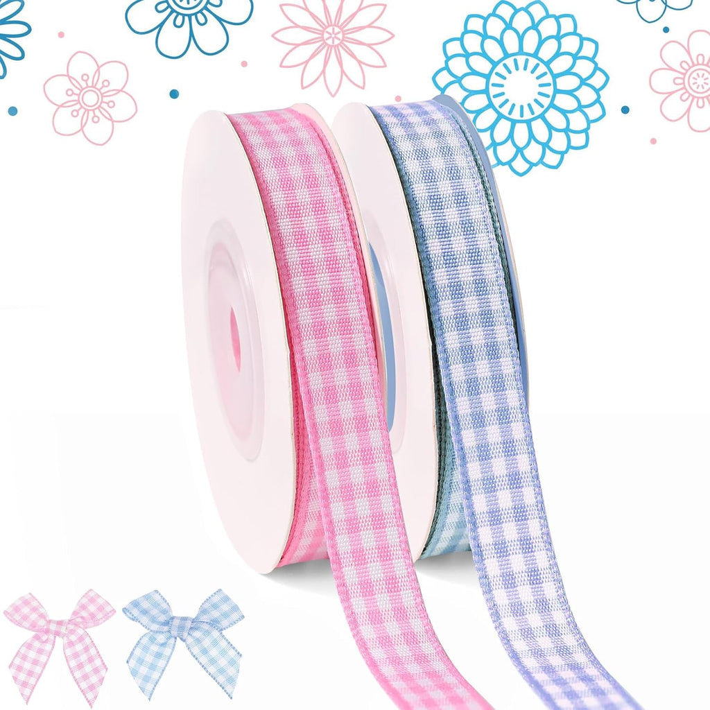 Skiennix Spring Gingham Ribbon - Thin Checkered Polyester for Gift Wrapping & Crafts | Pink/Blue, 10 Yds x 3/8 in, Total 120 Ft