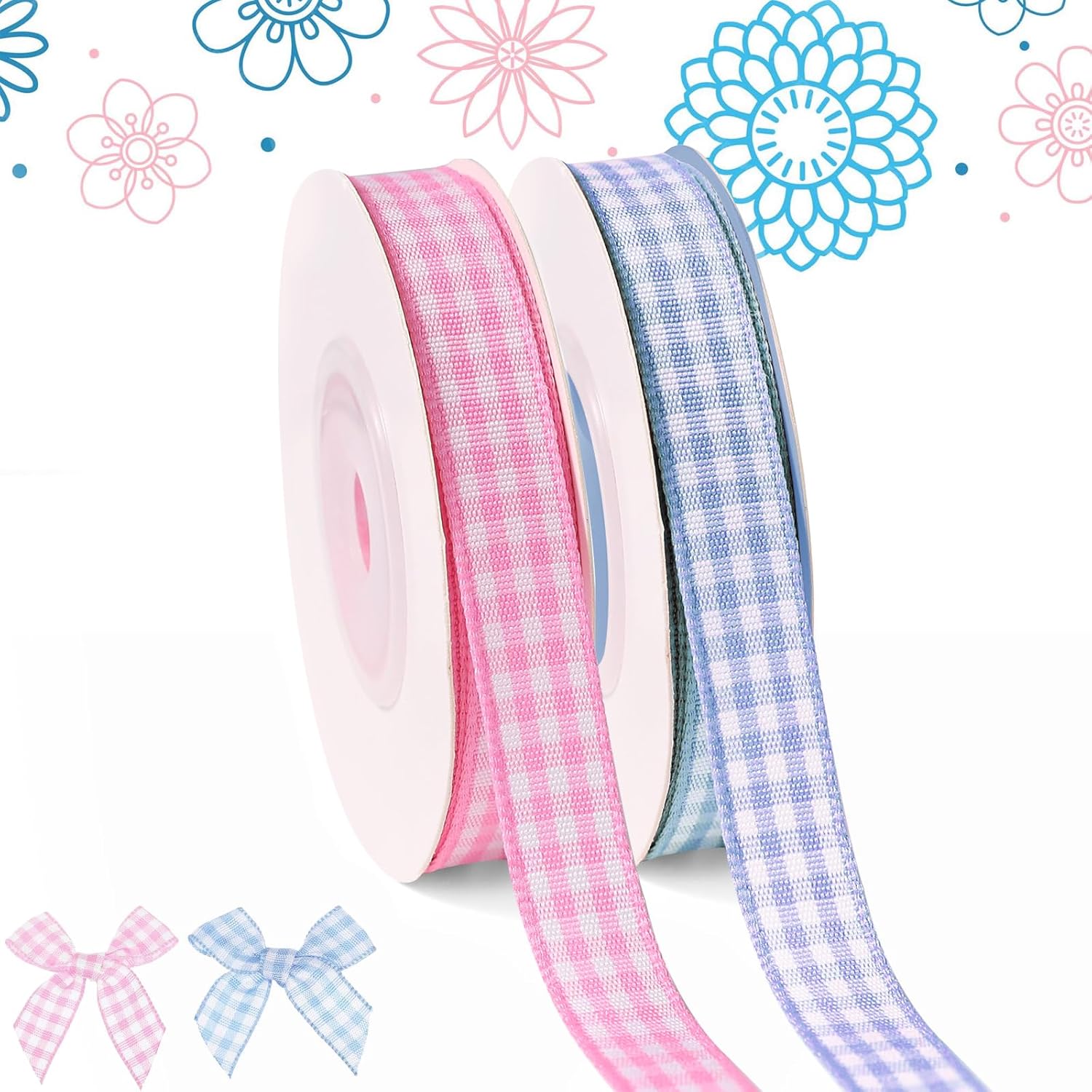 Skiennix Spring Gingham Ribbon - Thin Checkered Polyester for Gift Wrapping & Crafts | Pink/Blue, 10 Yds x 3/8 in, Total 120 Ft