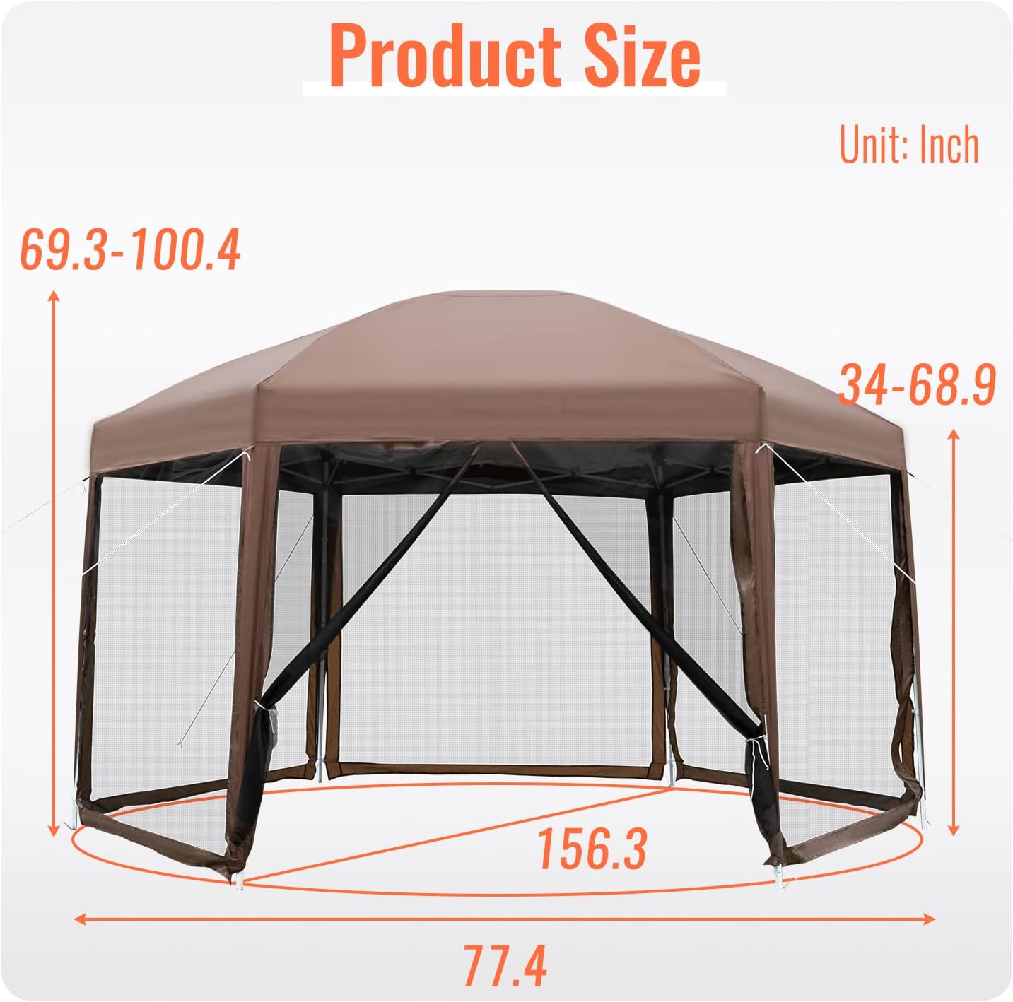 PayLessHere 13x13ft Hexagonal Gazebo - Waterproof Pop-Up Tent with Mosquito Netting & Carry Bag - Brown