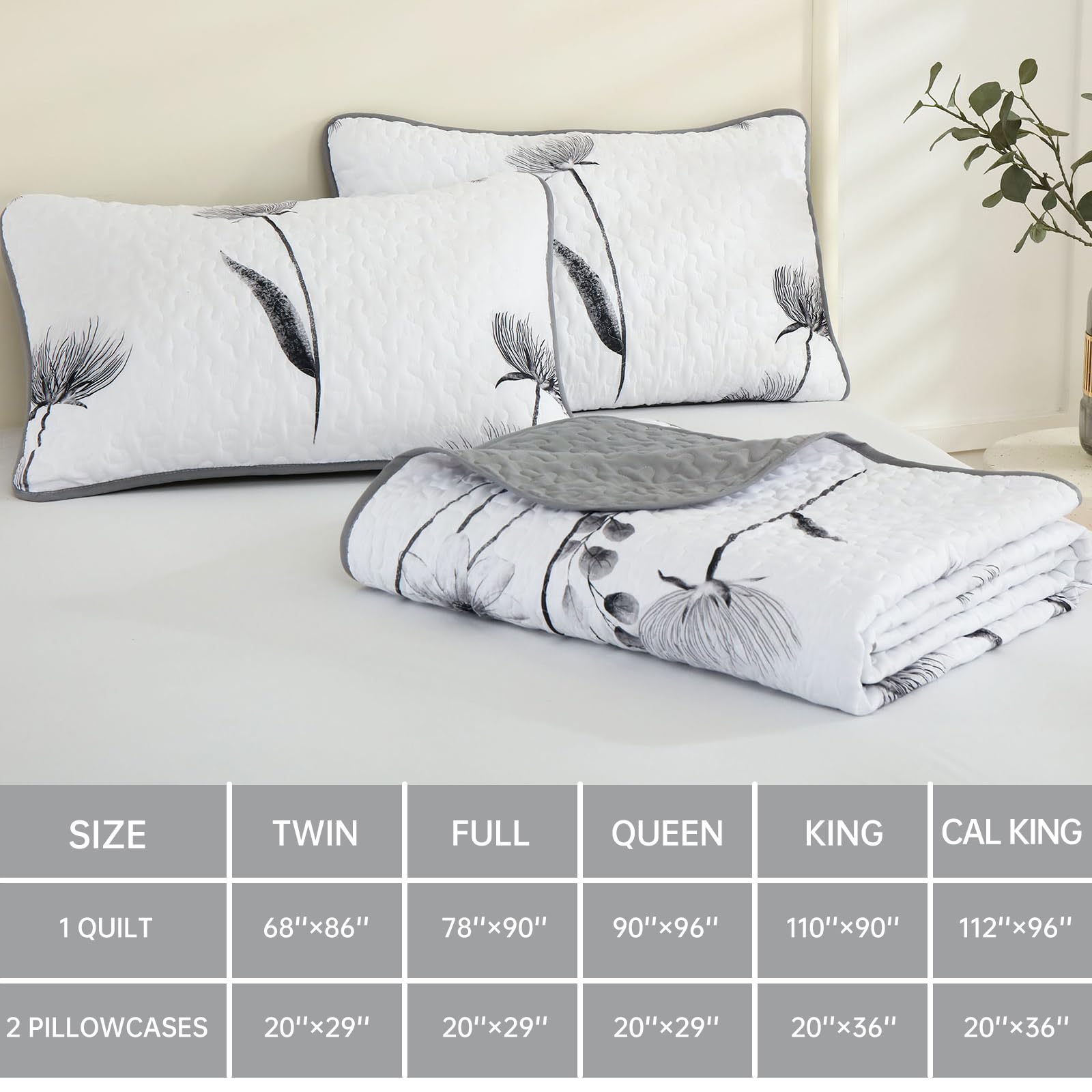 Dinjoy Floral Quilt Set California King Size,Gray Bedspread Farmhouse Bedding Set Soft Lightweight Quilts 3 Piece White Oversized Flower Plant Bed Cover Sets for Fall Winter (Cal King,106"x95")