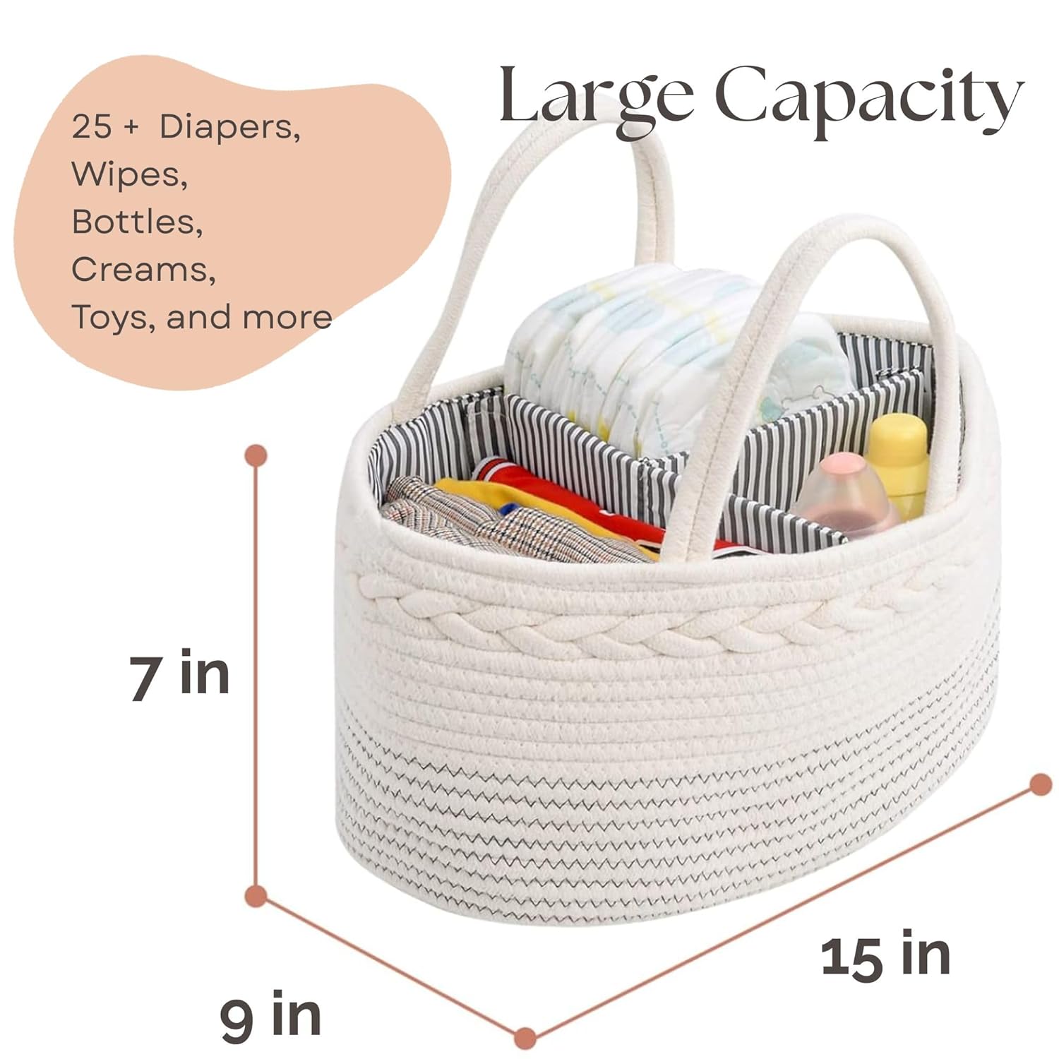 Skiennix Luxury Diaper Caddy Organizer - Large Cotton Rope Baby Basket for Nursery Storage | Off White
