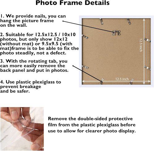 JCJMY Picture Frame - 12.5x12.5 Inches with 10x10 Mat for Vinyl Record Album Display | White Finish