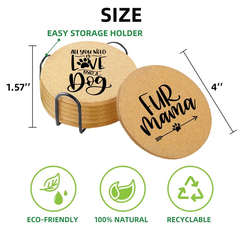 Cegkuc Coasters for Drinks with Set of 6, Cute Dog Coaster for New Home Couples House Warming Gifts Absorbent Paw Cork Wood Bulk for Cup Desk Coffee Table Office Kitchen Decor, Round 4"