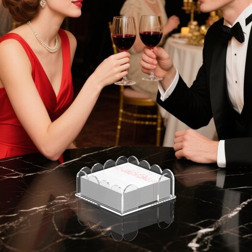 YAGELI Acrylic Napkin Holder for Cocktails – Clear Scalloped Tray and Dispenser for Kitchen, Dining, Bar – Organizes Flat Paper Towels & Disposable Napkins for Weddings, Home, Hotel（5.9x5.9in)