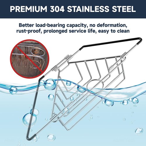 NiHome Extendable Arm Stainless Steel Kitchen Sink Corner Caddy, Easy Install Space-Saving Adjustable Sponge Holder, Non-Slip Rust-Resistant for Brushes, Soap, Sponges (Silver)
