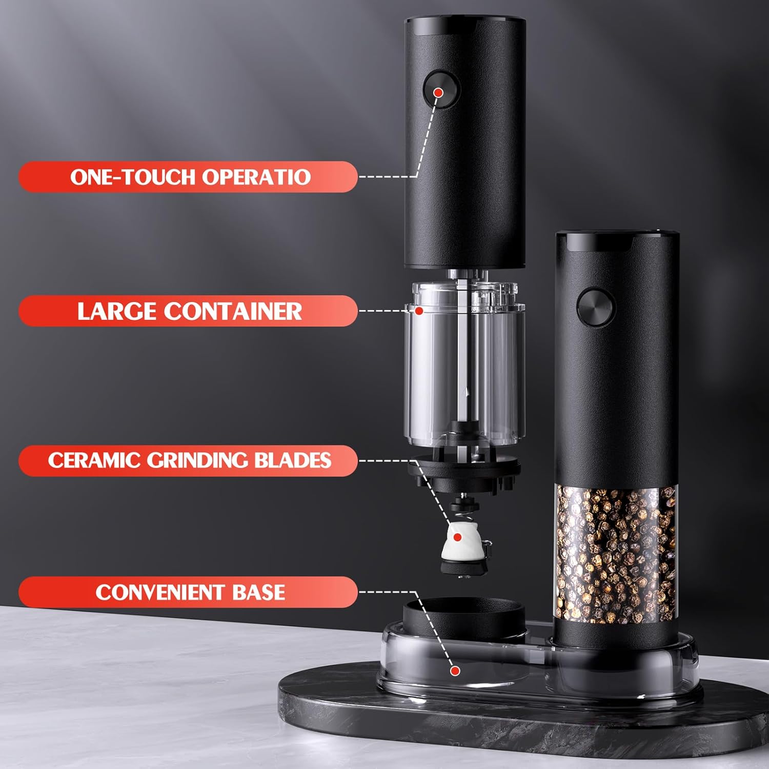 Skiennix Electric Salt and Pepper Grinder Set - Automatic Mill with Adjustable Coarseness | Larger Capacity, LED Light