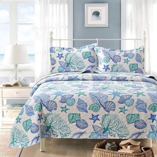 Ycosy 3 Piece Coastal Beach Quilt Set King Size Ocean Theme Bedding Set Blue Green Lightweight Bedspread Coverlet Shell Coral Conch Starfish Bed Covers Bedroom Decor with 2 Pillow Shams