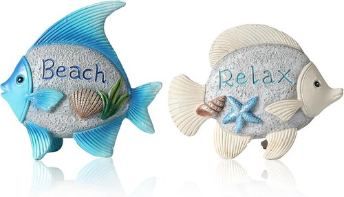 iStatue 2-Pack Coastal Fish Figurines - Cute 4.4'' Nautical Decor for Bathroom & Living Room