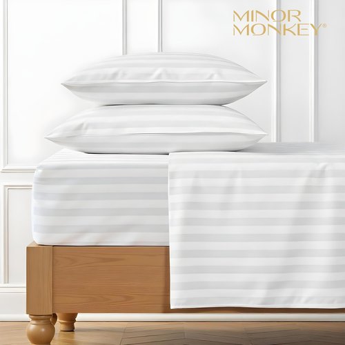Minor Monkey 100% Egyptian Cotton Queen Size Damask Striped Sheets, 1000 Thread Count Luxury Breathable Sheet, 4Pc Queen Size Bed Sheet Set, Long Staple 16" Deep Pocket Sheets Set: White