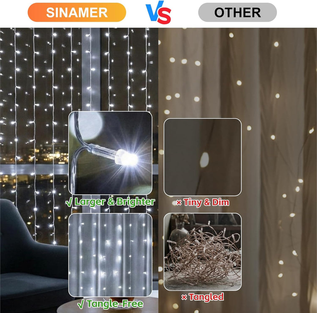 Skiennix 200LED Curtain Light - 6.6x6.6ft White Fairy String Lights with 8 Modes Remote for Indoor Decor
