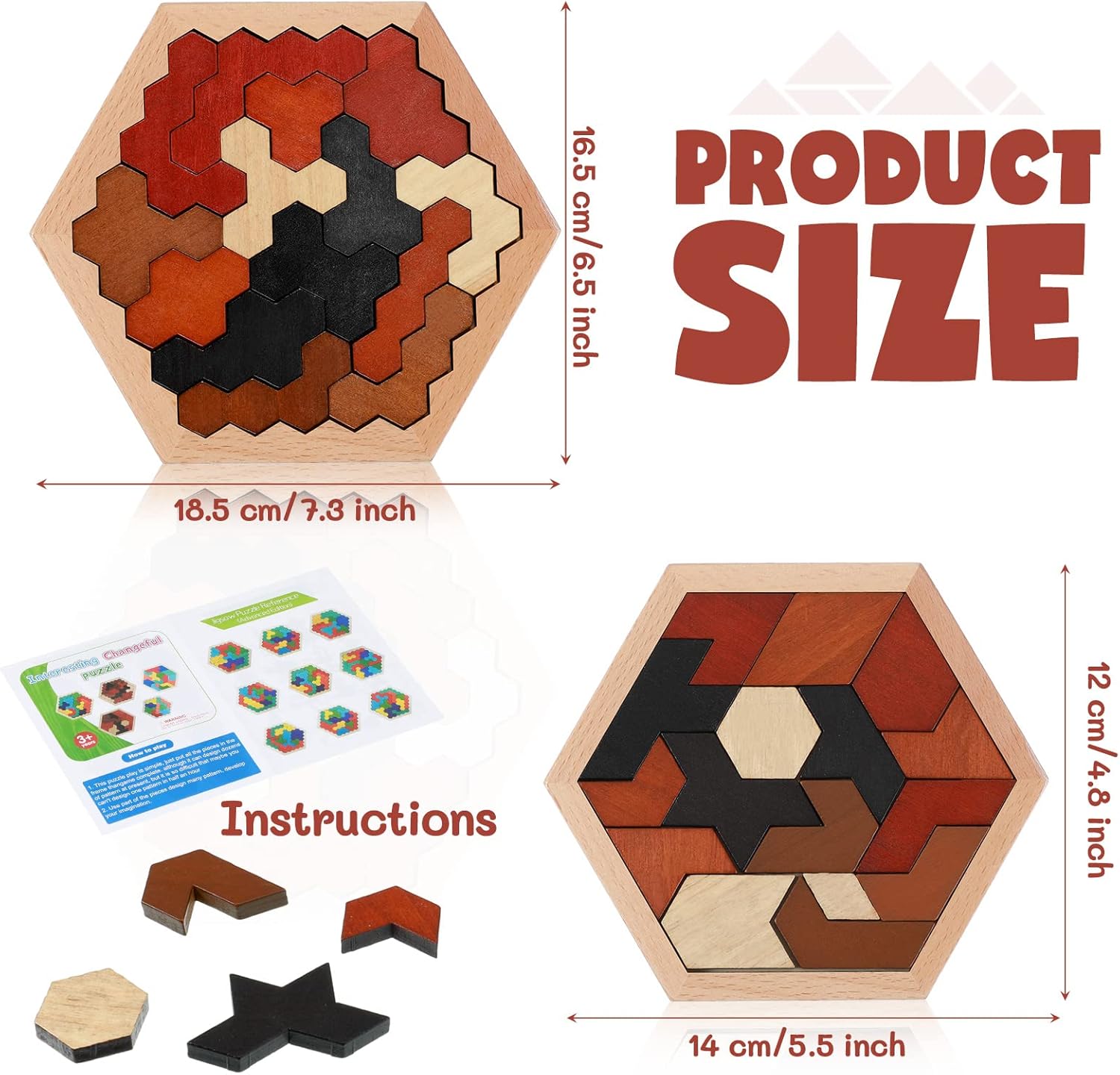 Yunsailing Large Hexagon Tangram Puzzle Set - 3 Pack Wooden Brain Teasers for Adults | Vintage Design