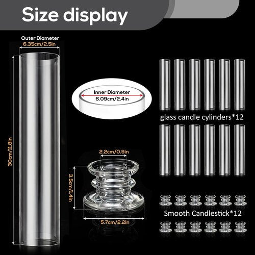 12 Sets Modern Candle Stand with Chimney Cover Taper Candle Holders Glass Hurricane Candle Holder for Tapered Candles 12inch Large Crystal Candlestick Holder Stand with Cylinder Sleeves for Wedding