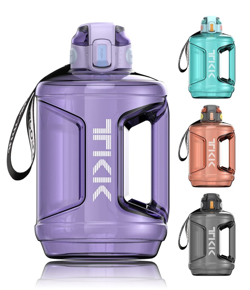 TKK Half Gallon Water Bottle Jug with Straw Time Marker Big Water Bottle Dishwasher Safe 1/2 Gallon 64 Oz Water Jug BPA Free Tritan for Gym Yoga Travel Camping Outdoor，Purple