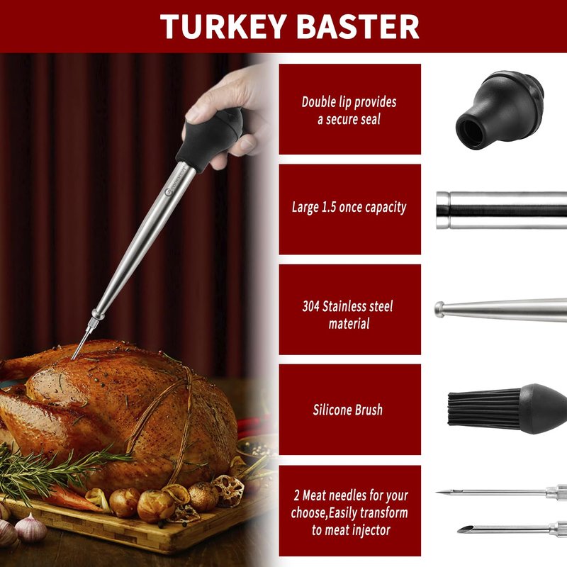 JY COOKMENT Stainless Steel Turkey Baster Baster Syringe for Cooking Meat Injector Set with 2 Marinade Needles 1 Basting Brush1 Cleaning Brush for Home Baking Kitchen Tool,2023 UPDATE