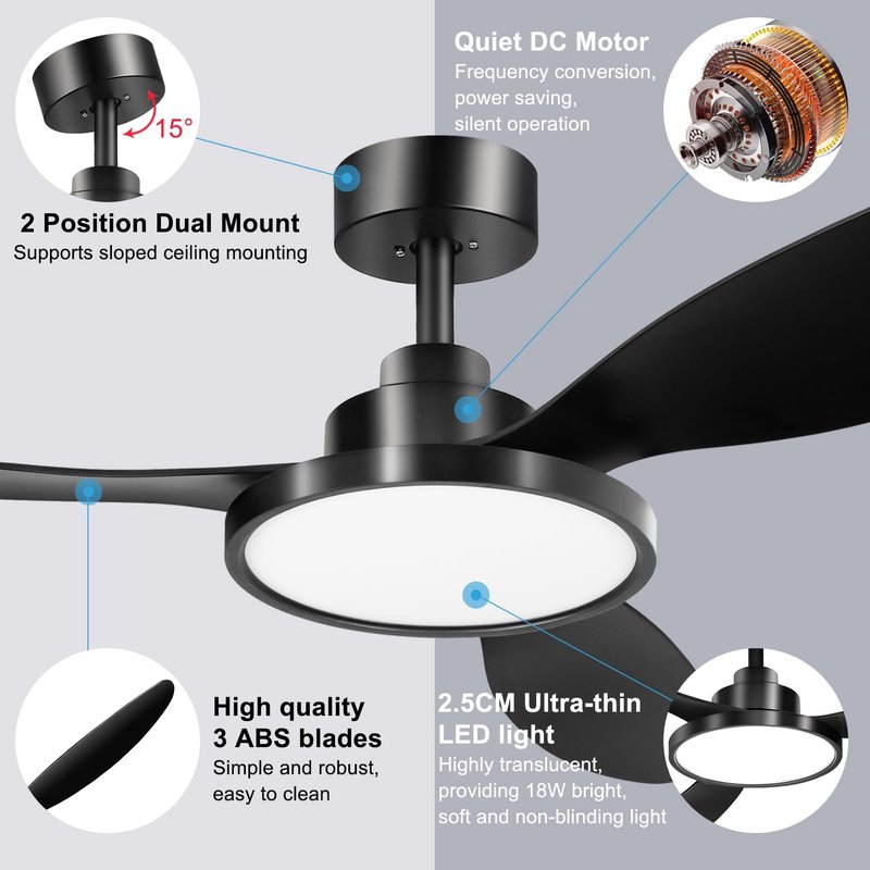 Ohniyou 52 Inch Black Ceiling Fan with Light and Remote Control, Outdoor Ceiling Fan for Patios, Modern Ceiling Fans with Quiet DC Motor, Reversible, 3CCT, 3 Blade Ceiling Fans for Living Room Bedroom