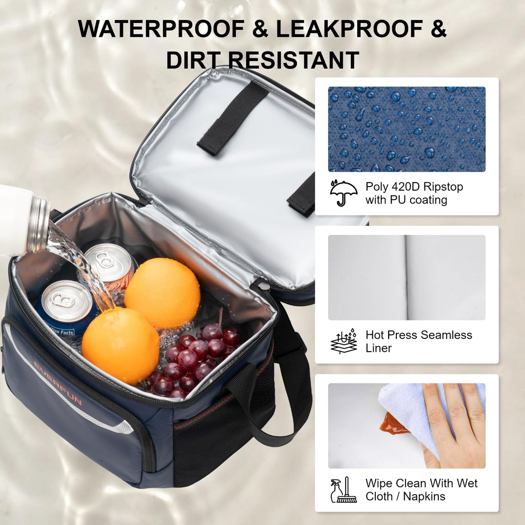 EVERFUN Insulated Lunch Bag Soft Lunch Box for Men Dual Compartments Small Lunch Box Collapsible Waterproof Leak-Proof for Work, Navy